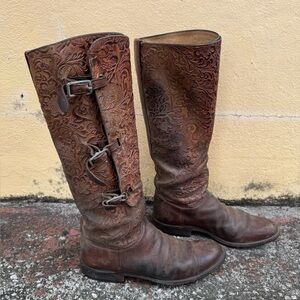 VTG Lucchese Hand Tooled tall knee Brown Leather Riding Boots women’s size 10.5